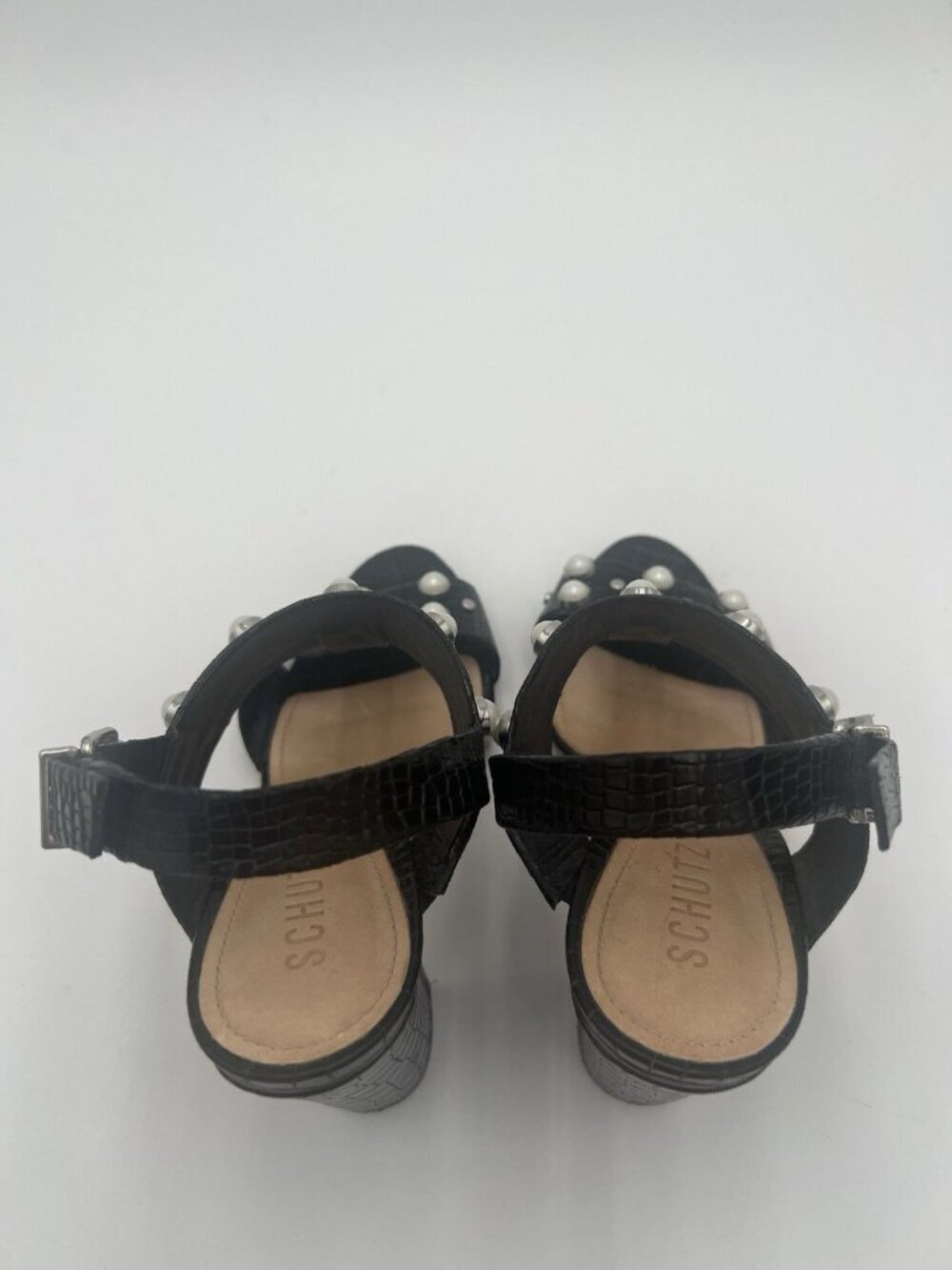 Schutz Zarita Sandals 8B Black Croc Embossed Leather Pearl Stud Slingback Heels - Picture 9 of 15